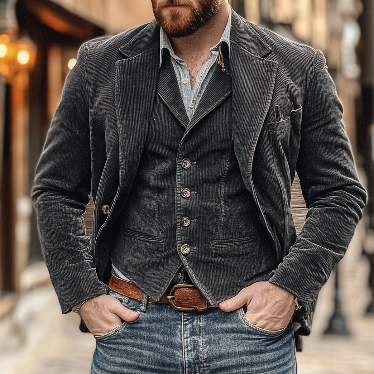 Gilet Uomo con Giacca Vintage in Velluto a Coste Completo Autunno Inverno Elegante 0