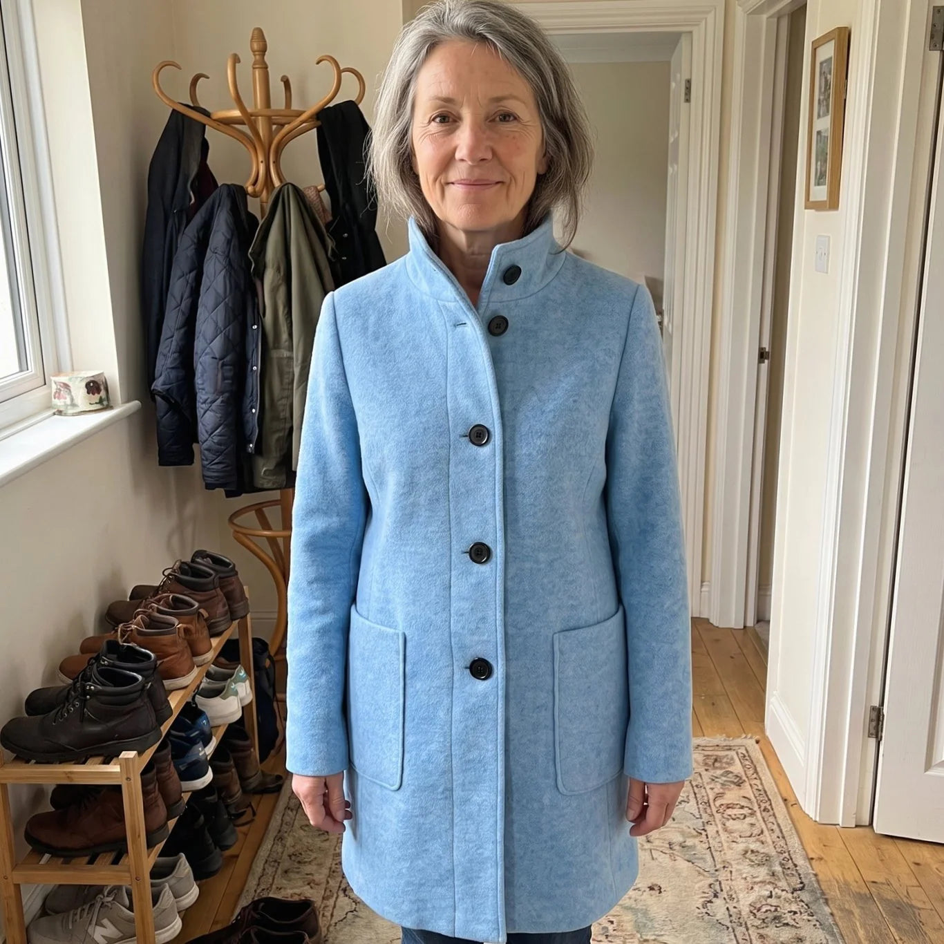 Greta | Damen Mantel mit Stehkragen Longline Knopfleiste Trenchcoat 2
