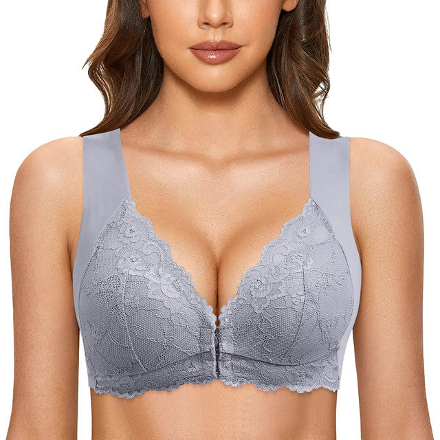 Reggiseno grigio in pizzo con chiusura frontale, design senza cuciture, supporto confortevole, ideale per abbigliamento intimo femminile elegante.