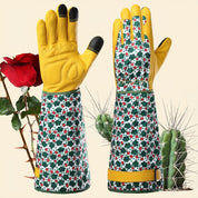 Guanti da giardinaggio da donna – Guanti resistenti in pelle bovina anti-spine con stampa floreale verde e funzione touchscreen, accessorio traspirante per lavori in giardino 1