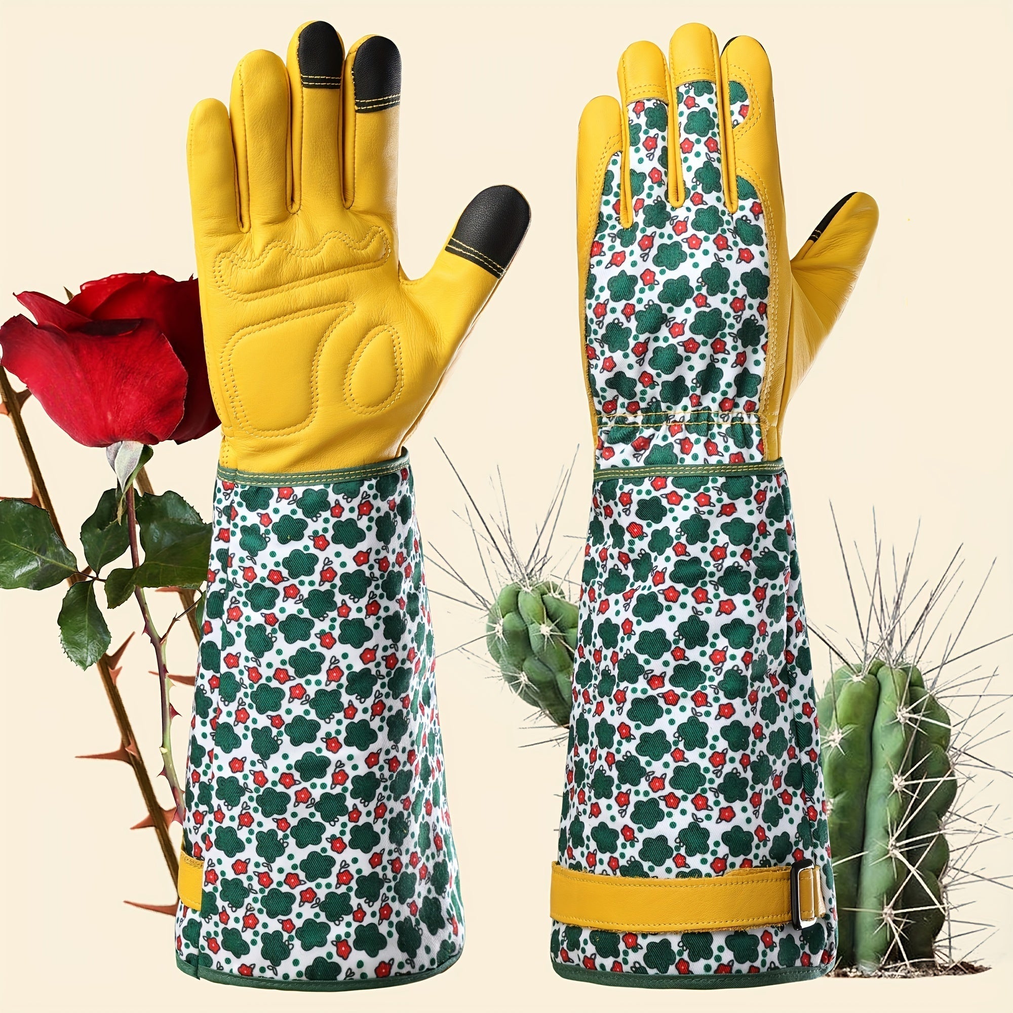 Guanti da giardinaggio da donna – Guanti resistenti in pelle bovina anti-spine con stampa floreale verde e funzione touchscreen, accessorio traspirante per lavori in giardino 1