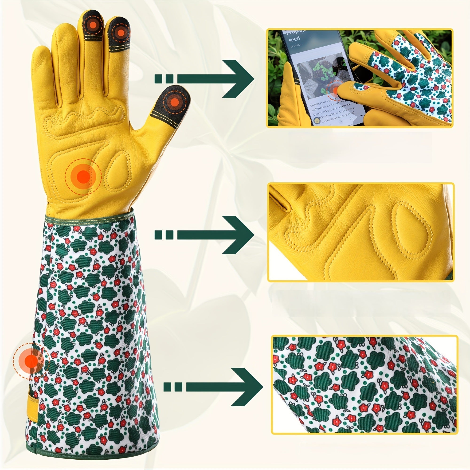 Guanti da giardinaggio da donna – Guanti resistenti in pelle bovina anti-spine con stampa floreale verde e funzione touchscreen, accessorio traspirante per lavori in giardino 3