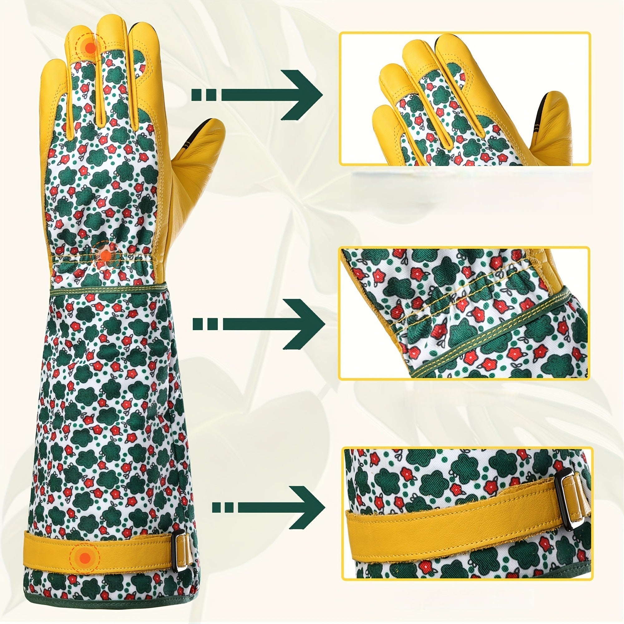 Guanti da giardinaggio da donna – Guanti resistenti in pelle bovina anti-spine con stampa floreale verde e funzione touchscreen, accessorio traspirante per lavori in giardino 4
