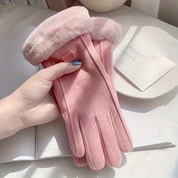 Guanti invernali in peluche da donna - Guanti rosa con touchscreen e design intelligente a dita intere per un abbigliamento da esterno caldo, antivento ed elegante 0