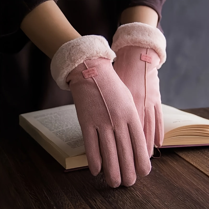 Guanti invernali in peluche da donna - Guanti rosa con touchscreen e design intelligente a dita intere per un abbigliamento da esterno caldo, antivento ed elegante 2