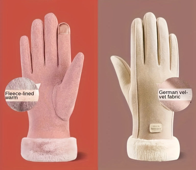 Guanti invernali in peluche da donna - Guanti rosa con touchscreen e design intelligente a dita intere per un abbigliamento da esterno caldo, antivento ed elegante 3