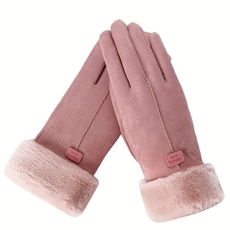 Guanti invernali in peluche da donna - Guanti rosa con touchscreen e design intelligente a dita intere per un abbigliamento da esterno caldo, antivento ed elegante 6