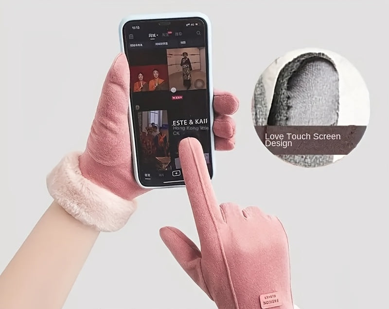 Guanti invernali in peluche da donna - Guanti rosa con touchscreen e design intelligente a dita intere per un abbigliamento da esterno caldo, antivento ed elegante 7