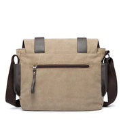Borsa a tracolla in tela beige con cerniera frontale e dettagli in pelle marrone, ideale per uomo e donna. Design casual e resistente.