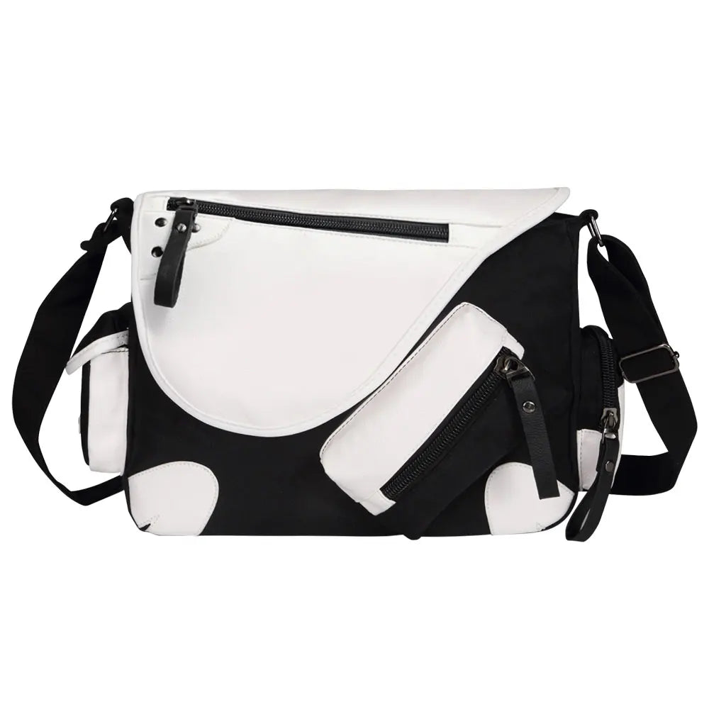 Borsa a tracolla bianca e nera con tasche multiple e cerniere, design moderno, ideale per viaggi e uso quotidiano. Accessorio moda unisex.