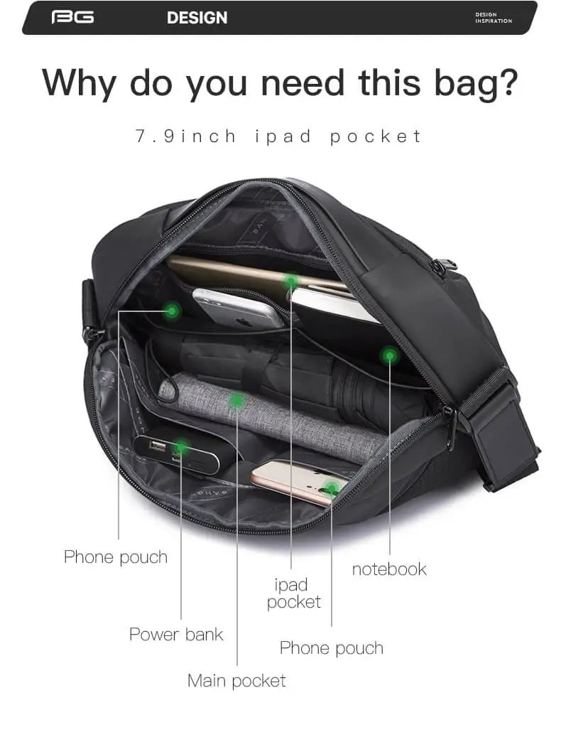 Zaino nero con tasca per iPad 7.9 pollici, scomparti per telefono, power bank e notebook. Design compatto e funzionale per tecnologia portatile.