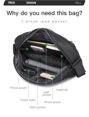 Zaino nero con tasca per iPad 7.9 pollici, scomparti per telefono, power bank e notebook. Design compatto e funzionale per tecnologia portatile.