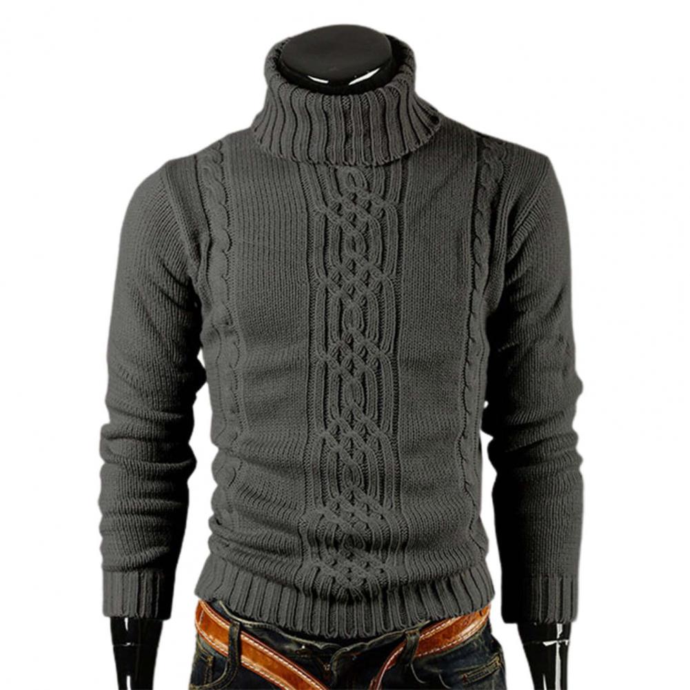 Maglione a collo alto grigio scuro in lana, con motivo a trecce, maniche lunghe, ideale per moda invernale uomo. Elegante e caldo.