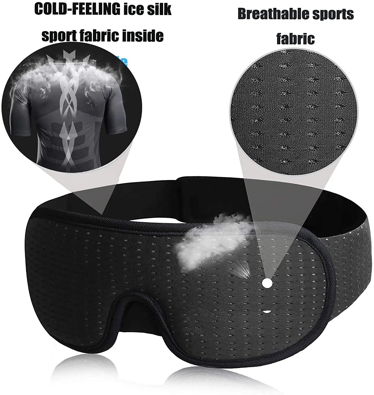 Maschera per dormire in tessuto sportivo traspirante, nero, con tecnologia ice silk, design ergonomico, ideale per comfort e relax notturno.