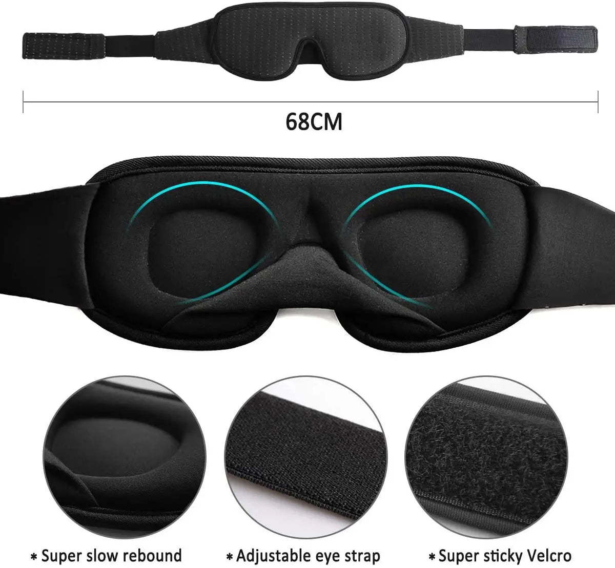 Maschera per dormire nera 3D, 68 cm, con cinturino regolabile, memory foam a lento rimbalzo, chiusura in velcro super adesiva, comfort occhi.
