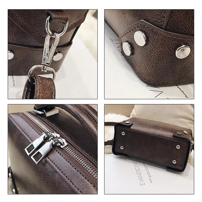 Borsa a tracolla in pelle marrone con dettagli in metallo argentato, cerniere robuste e base rinforzata. Design elegante e resistente.