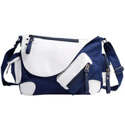 Borsa a tracolla blu e bianca con tasche multiple e cerniere, design moderno, ideale per viaggi e uso quotidiano. Accessorio moda versatile.