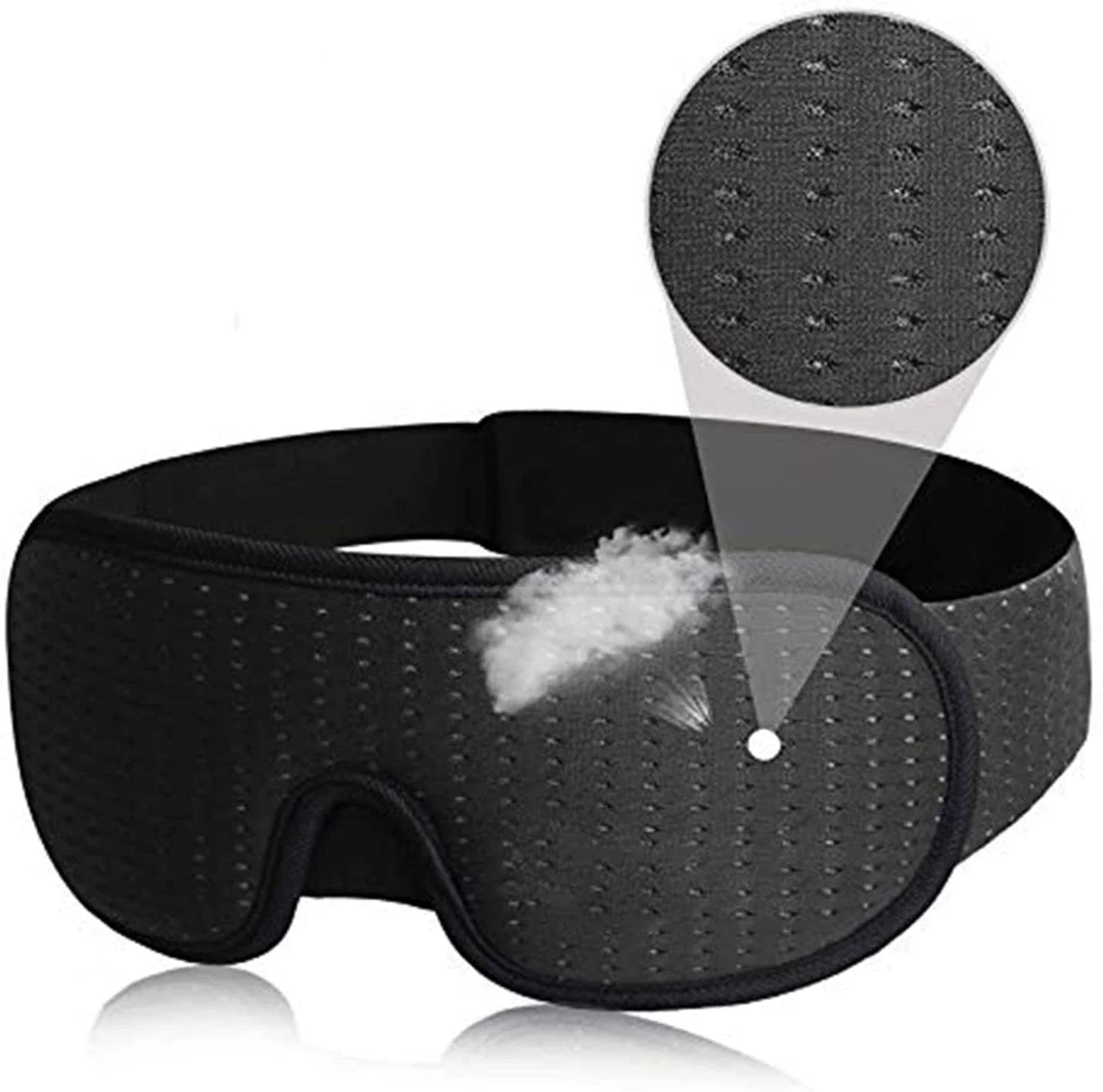 Maschera per dormire nera in memory foam, design ergonomico, traspirante, con dettaglio ingrandito del tessuto traforato per comfort ottimale.