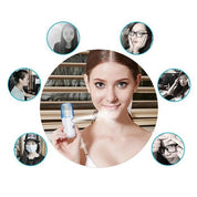 Donna con vaporizzatore facciale portatile, circondata da immagini di persone che lo usano. Dispositivo per cura della pelle, idratazione viso.