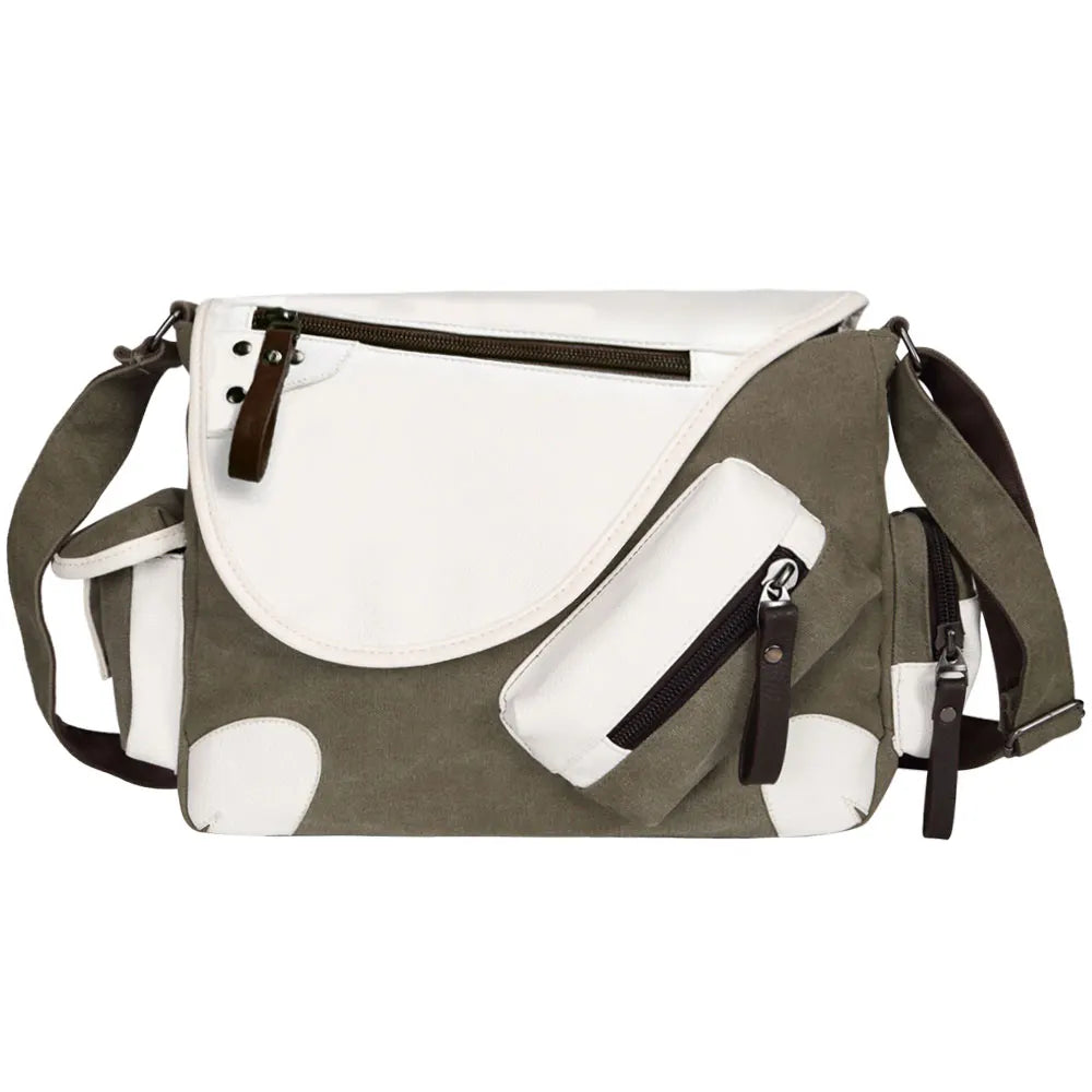 Borsa a tracolla unisex in tela verde e bianca con tasche multiple e cerniere, design moderno, ideale per viaggi e uso quotidiano.