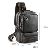 Zaino a tracolla in pelle nera, dimensioni 34x21x13 cm, con tasche multiple e porta USB. Design elegante e funzionale per uomo e donna.