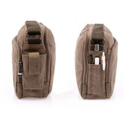 Borsa a tracolla in tela marrone con tasche laterali, cerniera robusta, design compatto, ideale per uomo e donna, perfetta per lavoro e viaggio.