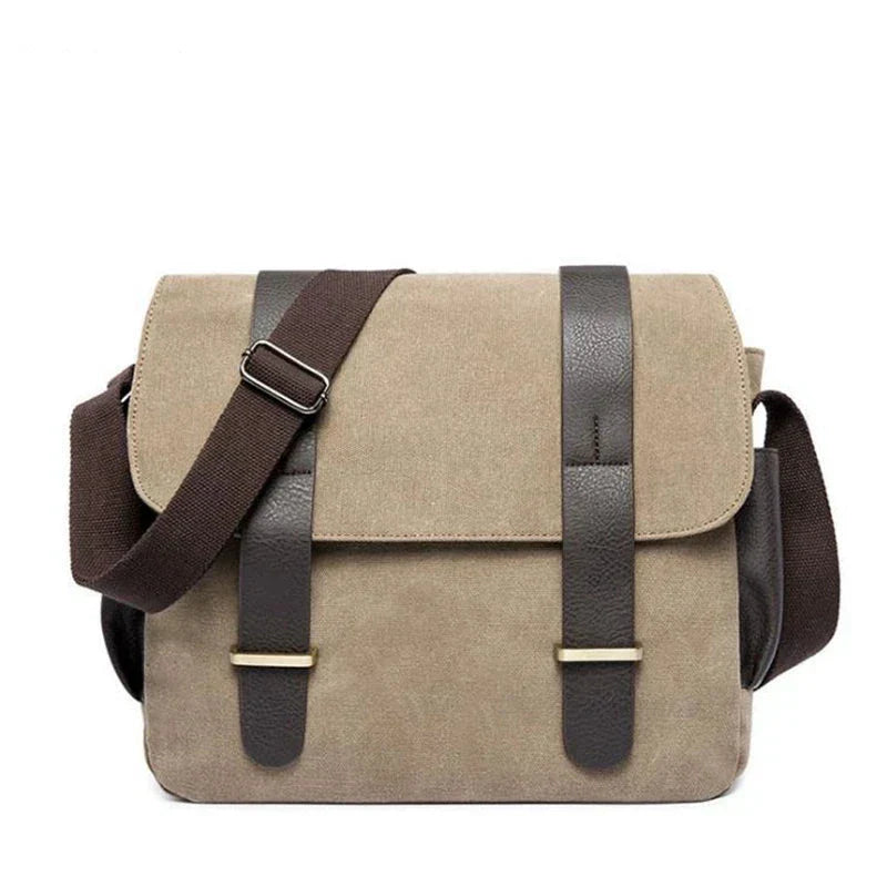 Borsa a tracolla in tela beige con dettagli in pelle marrone, design elegante e funzionale, ideale per lavoro e viaggio. Accessorio moda uomo.