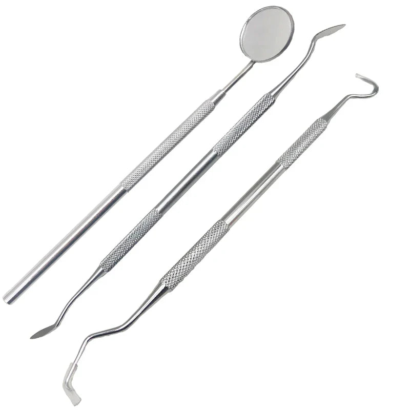 Set di strumenti dentali in acciaio inox, specchietto e sonde, per igiene orale professionale, strumenti odontoiatrici di alta qualità.