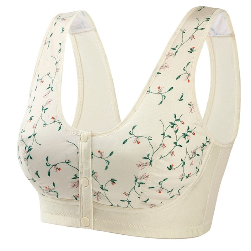 Reggiseno sportivo bianco con stampa floreale, chiusura frontale a bottoni, spalline larghe. Intimo donna comodo, elegante, senza ferretto.