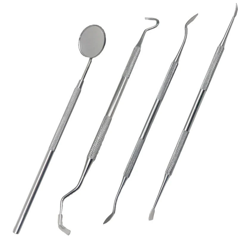 Set di strumenti dentali in acciaio inox, specchietto e sonde, per igiene orale professionale, odontoiatria, pulizia dentale, kit dentista.