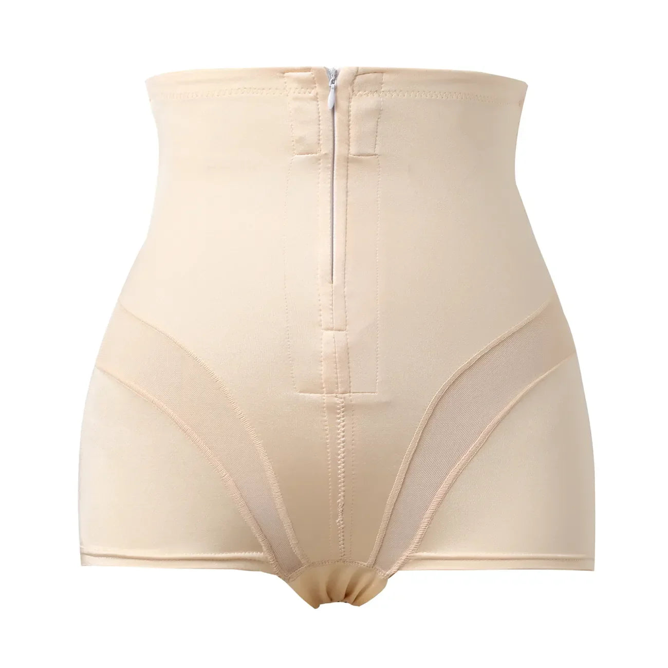 Guaina modellante beige a vita alta con cerniera, design snellente per addome e fianchi, intimo contenitivo donna, tessuto elastico e confortevole.