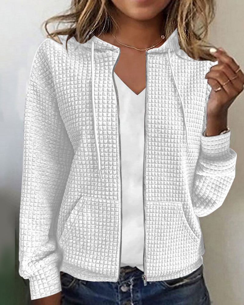 Giacca donna bianca con cappuccio, tessuto a trama waffle, zip frontale, tasche laterali, stile casual, perfetta per l'autunno e l'inverno.