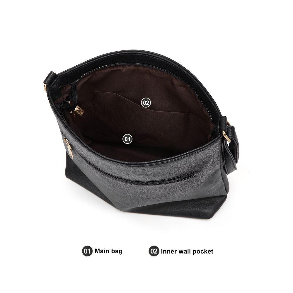 Borsa a tracolla nera in pelle con tasca interna, design elegante e spazioso, ideale per moda donna, accessori di lusso, shopping e lavoro.