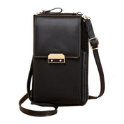 Borsa a tracolla nera in pelle sintetica, design elegante con chiusura in metallo dorato, ideale per smartphone e accessori.