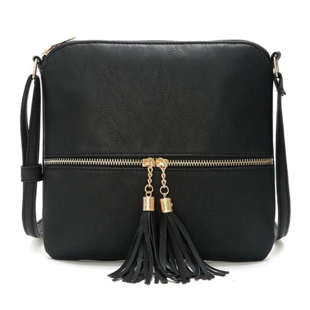 Borsa a tracolla nera in pelle sintetica con cerniera dorata e nappe decorative. Elegante accessorio moda donna.