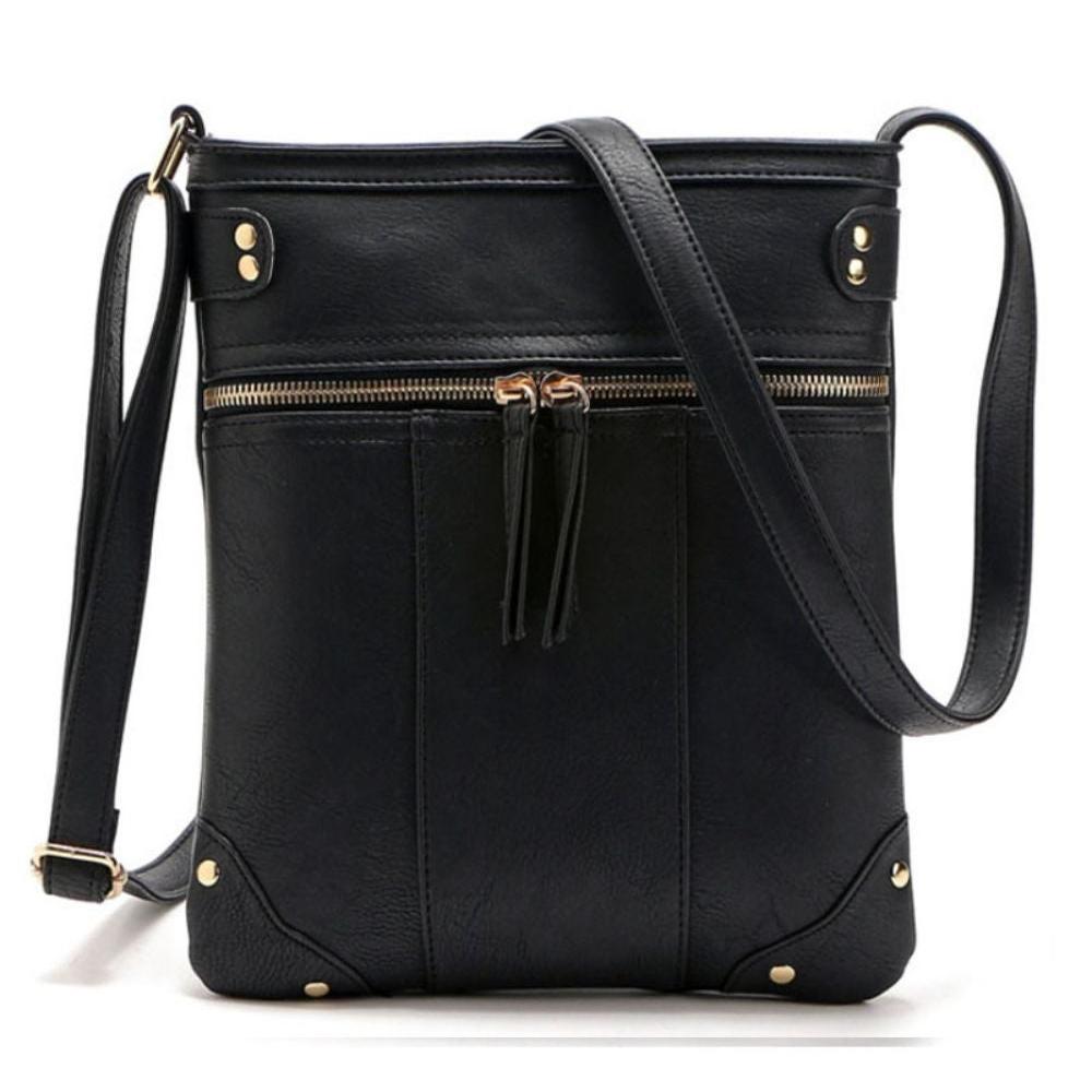 Borsa a tracolla nera in pelle sintetica con cerniera dorata, design elegante e moderno, ideale per donna, accessorio moda versatile e pratico.