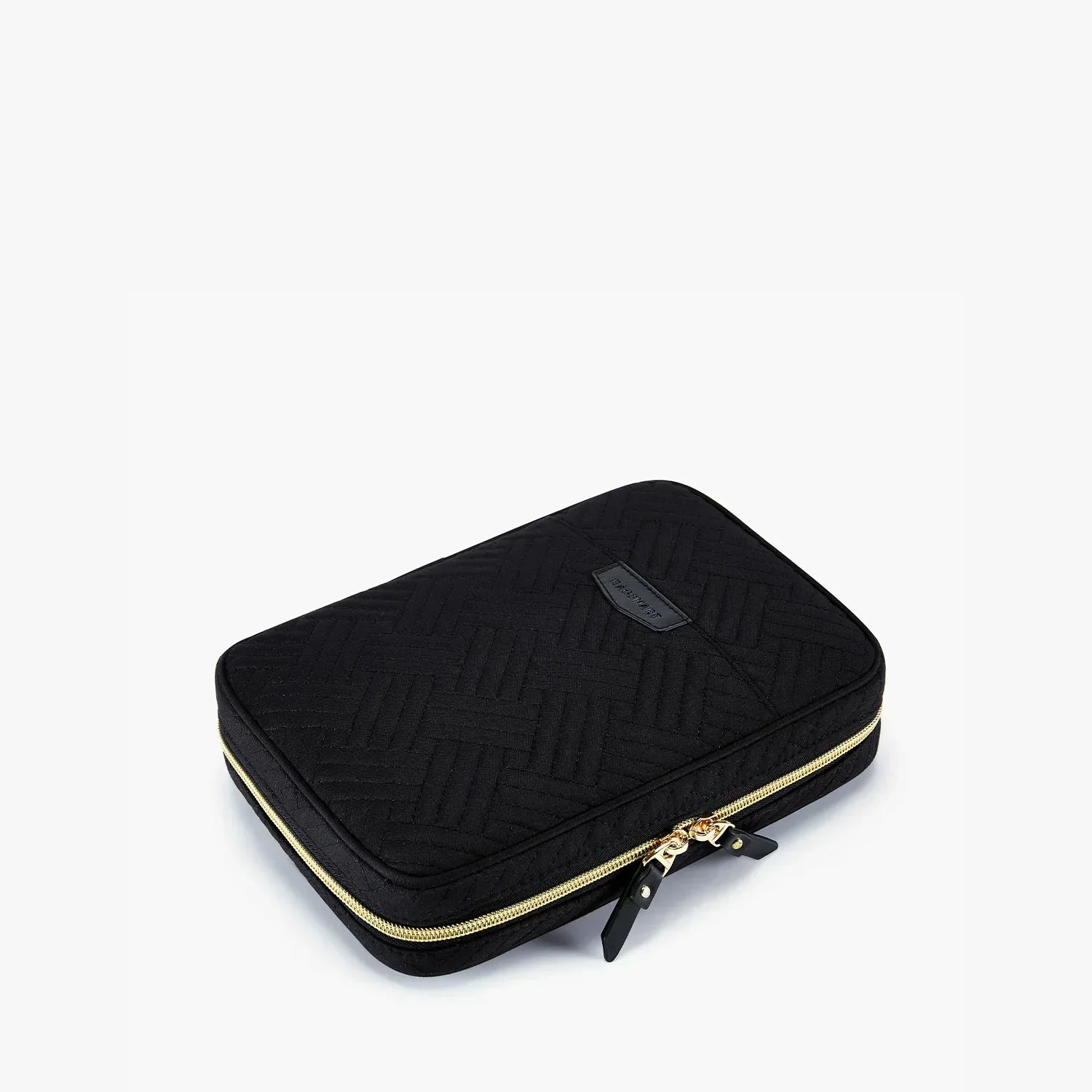 Custodia nera trapuntata per laptop con cerniera dorata, design elegante e resistente, ideale per protezione e trasporto sicuro del dispositivo.