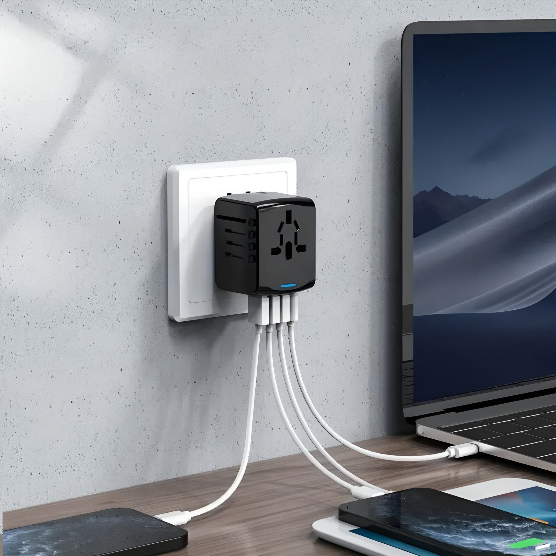 Adattatore presa multipla USB nero, carica dispositivi elettronici, collegato a laptop e smartphone su scrivania moderna. Accessorio tecnologico versatile.
