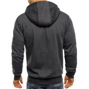 Felpa con cappuccio uomo, colore grigio scuro, vista posteriore. Design casual, tessuto morbido, ideale per abbigliamento sportivo e tempo libero.