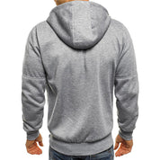 Felpa con cappuccio grigia da uomo, vista posteriore, tessuto morbido, design casual, ideale per abbigliamento sportivo e tempo libero.