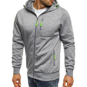 Felpa con cappuccio grigia da uomo, zip verde, tasche multiple, stile casual, ideale per sport e tempo libero. Tessuto morbido e confortevole.