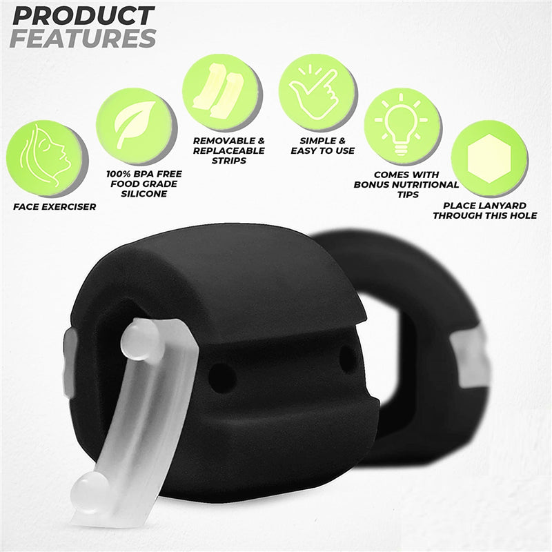 Esercitatore facciale in silicone alimentare nero, privo di BPA, con strisce rimovibili. Facile da usare, include consigli nutrizionali.