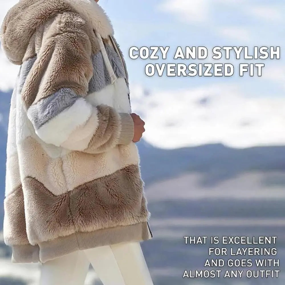 Giacca in pelliccia sintetica a righe beige e bianche, taglio oversize, ideale per stratificare. Stile accogliente e alla moda per ogni outfit.