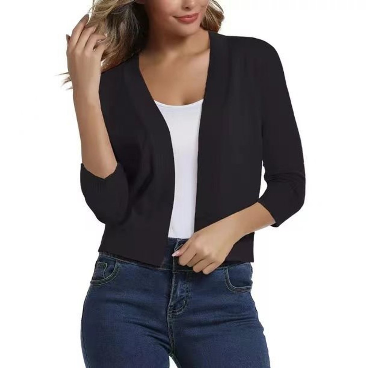 Katharina | Damen Offener Kurzjacken-Cardigan mit 3/4-Ärmeln 3