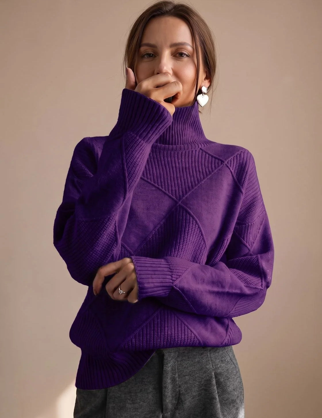 Katharina | Damen Rollkragenpullover mit geometrischem Strickmuster Langarm 10
