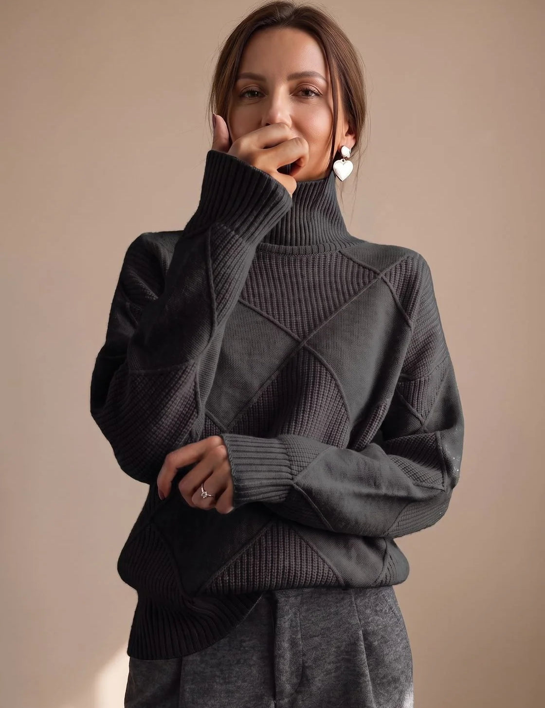 Katharina | Damen Rollkragenpullover mit geometrischem Strickmuster Langarm 11
