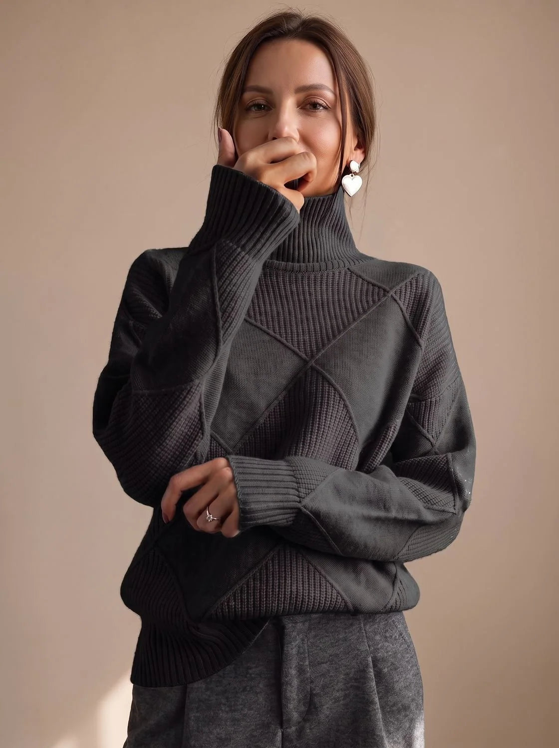 Katharina | Damen Rollkragenpullover mit geometrischem Strickmuster Langarm 11