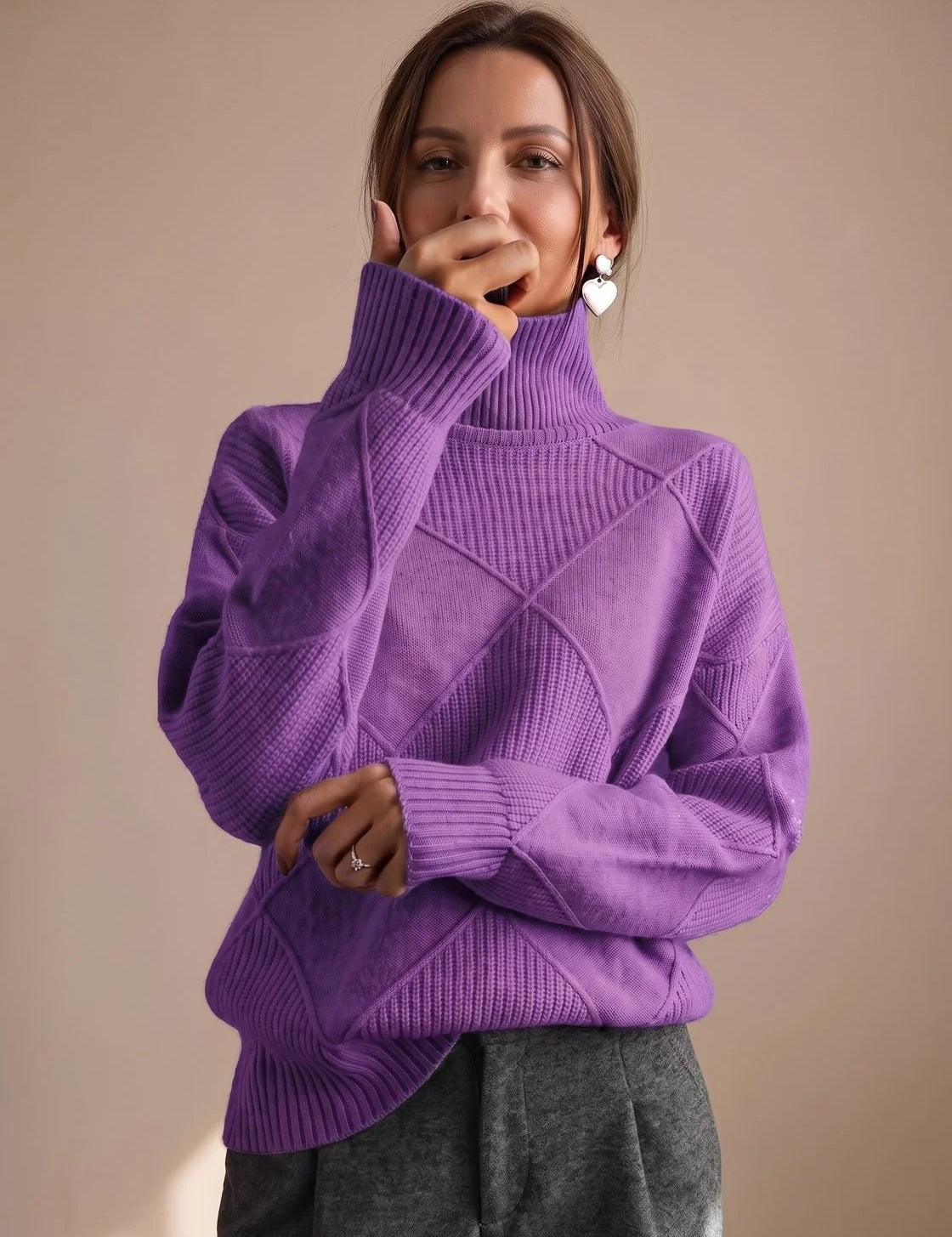 Katharina | Damen Rollkragenpullover mit geometrischem Strickmuster Langarm 3