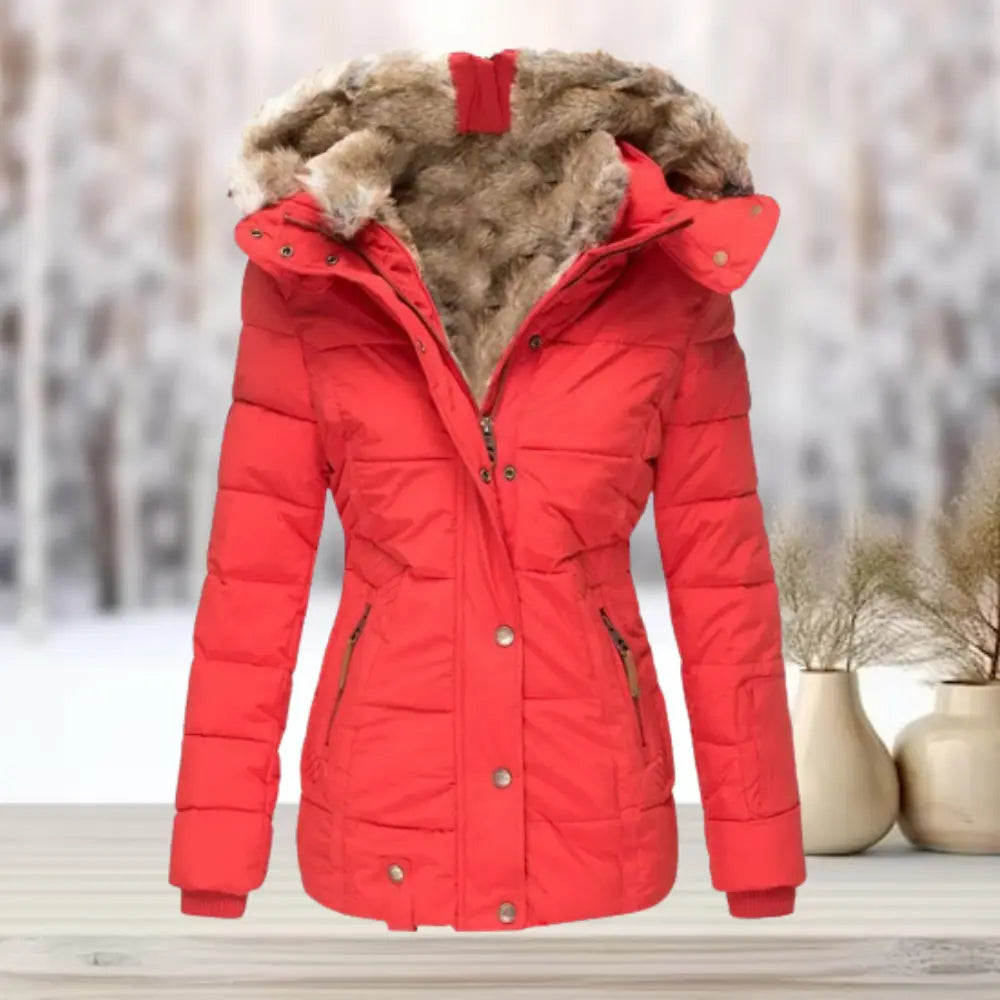 Giacca invernale donna rossa con cappuccio foderato in pelliccia sintetica, chiusura a zip e bottoni, ideale per climi freddi.