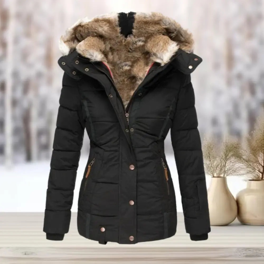 Giacca invernale nera da donna con cappuccio foderato in pelliccia sintetica, chiusura a zip, bottoni, su sfondo innevato. Elegante e calda.